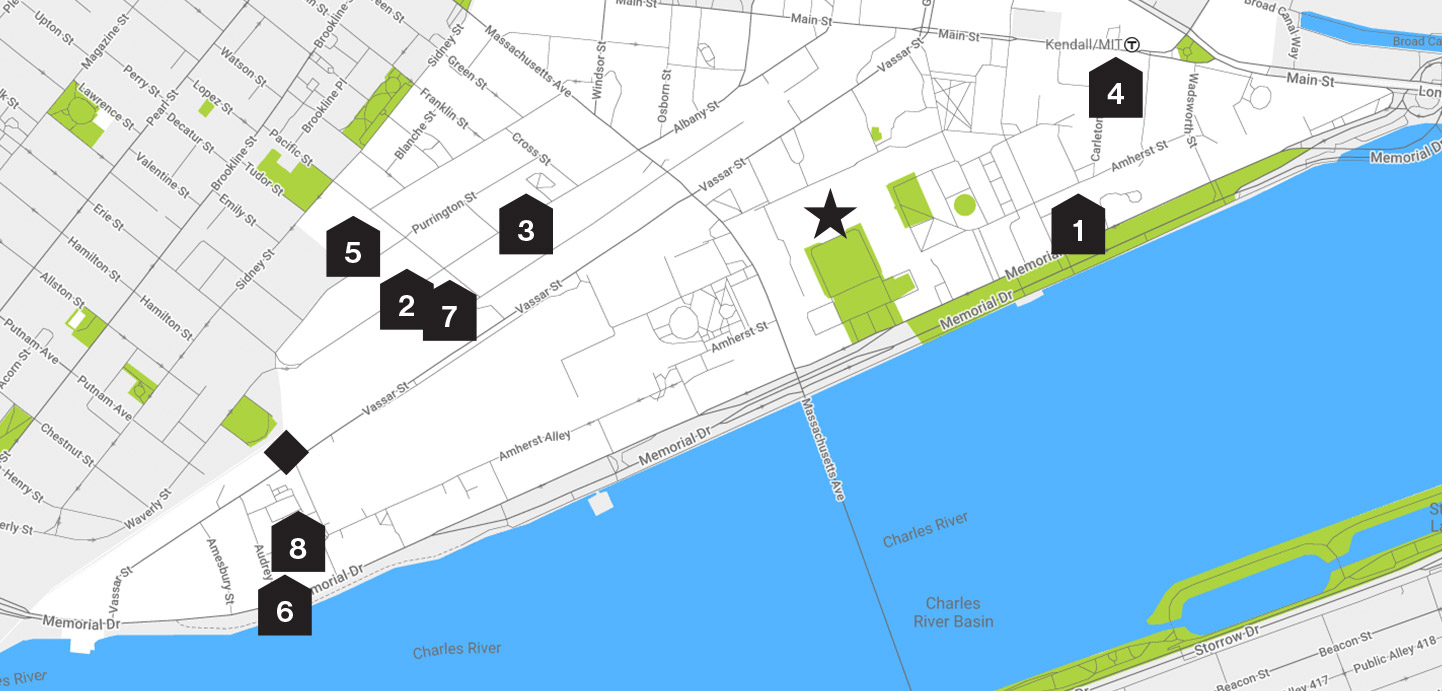 A map of the MIT cmapus showing the locations of their graduate housing residences.