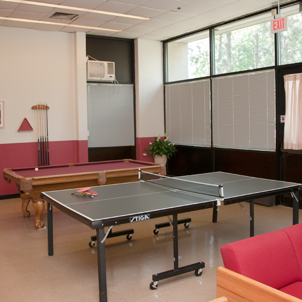 A room with a ping pong table, pool table and a sofa